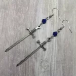 Handmade fantasy earrings with silver sword pendants, blue Austrian crystal beads and stainless steel earring hooks