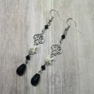Handmade Victorian gothic earrings with filigrees, tiny snake vertebrae and black Austrian crystal beads on stainless steel earring hooks