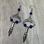 Handmade Victorian gothic earrings with filigree and pen tip charms, blue Austrian crystal beads and stainless steel earring hooks