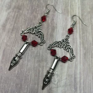 Handmade Victorian gothic earrings with filigree and pen tip charms, red Austrian crystal beads and stainless steel earring hooks