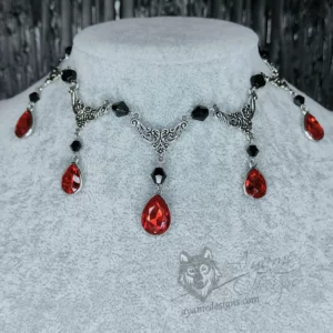 Beatrice choker necklace – red Victorian gothic choker necklace with filigree connectors, black Austrian crystal beads and red teardrop charms