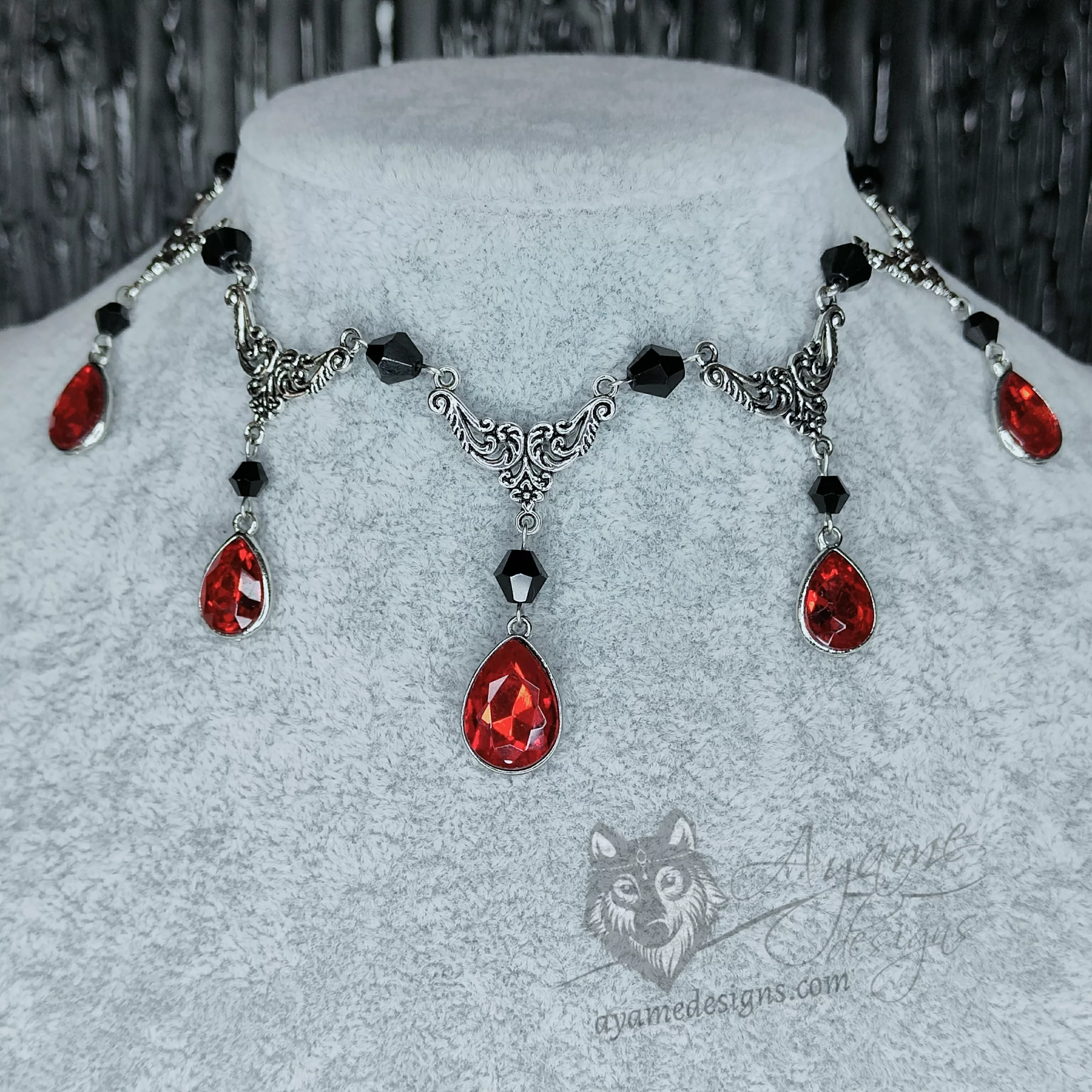 Victorian gothic choker necklace with filigree connectors, black Austrian crystal beads and red teardrop charms