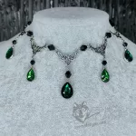 Victorian gothic choker necklace with filigree connectors, black Austrian crystal beads and green teardrop charms