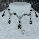 Victorian gothic choker necklace with filigree connectors, black Austrian crystal beads and black and grey teardrop charms