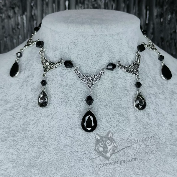 Victorian gothic choker necklace with filigree connectors, black Austrian crystal beads and black and grey teardrop charms