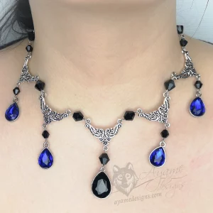 Victorian gothic choker necklace with filigree connectors, black Austrian crystal beads and black and blue teardrop charms