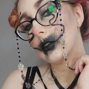 Handmade gothic glasses chain with pentacle charms, blue and black Austrian crystal beads and stainless steel chain