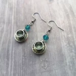 Handmade earrings with teacup charms, teal Austrian crystal beads and stainless steel earrings hooks