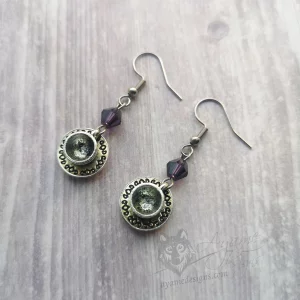 Handmade earrings with teacup charms, purple Austrian crystal beads and stainless steel earrings hooks