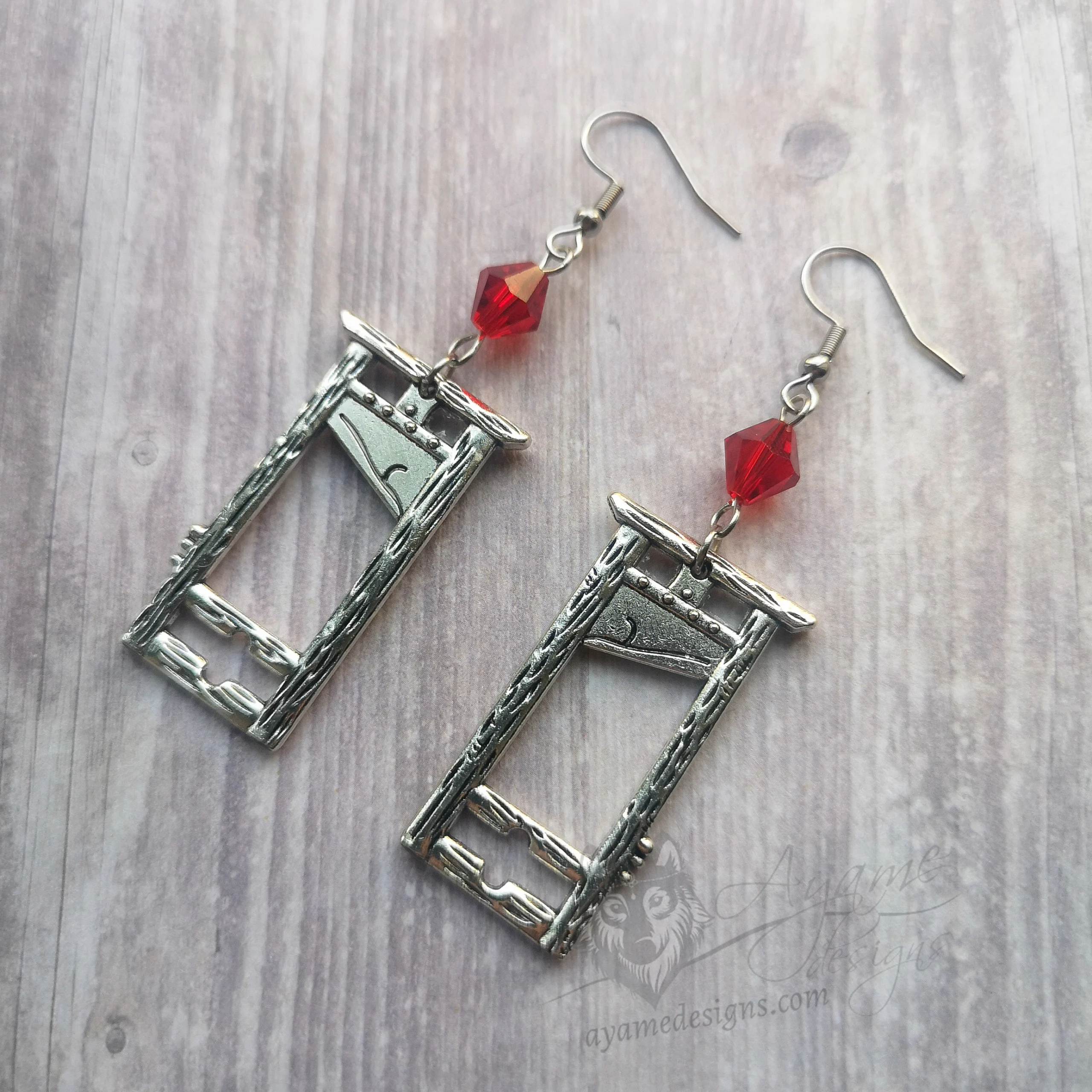 Handmade gothic guillotine earrings with red Austrian crystal beads on stainless steel earring hooks