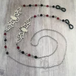 Handmade gothic glasses chain with filigree bat charms, red and black Austrian crystal beads and stainless steel chain