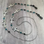 Handmade gothic glasses chain with ankh charms, teal and black Austrian crystal beads and stainless steel chain
