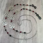 Handmade gothic glasses chain with pentacle charms, red and black Austrian crystal beads and stainless steel chain