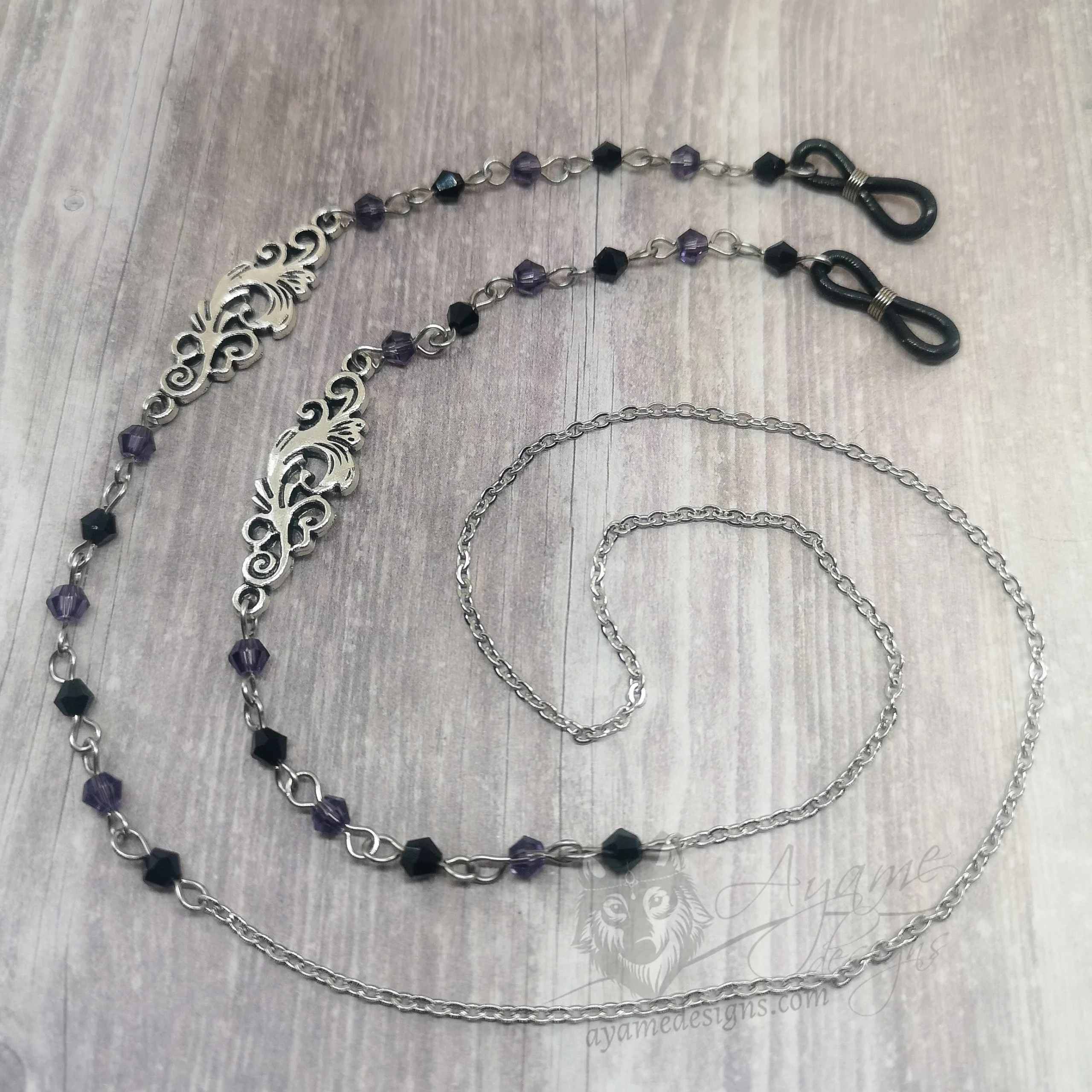 Handmade gothic glasses chain with filigree charms, purple and black Austrian crystal beads and stainless steel chain