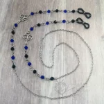 Handmade gothic glasses chain with dainty filigree charms, blue and black Austrian crystal beads and stainless steel chain