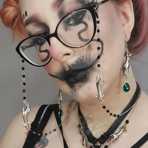 Handmade gothic glasses chain with hand connectors, black Austrian crystal beads and stainless steel chain