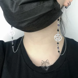 Handmade gothic mask chain with pentacle charms, purple and black Austrian crystal beads and stainless steel chain