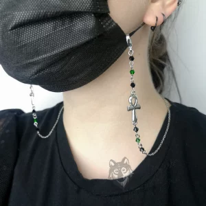 Handmade gothic mask chain with ankh charms, green and black Austrian crystal beads and stainless steel chain