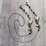 Handmade gothic mask chain with hand charms, teal and black Austrian crystal beads and stainless steel chain