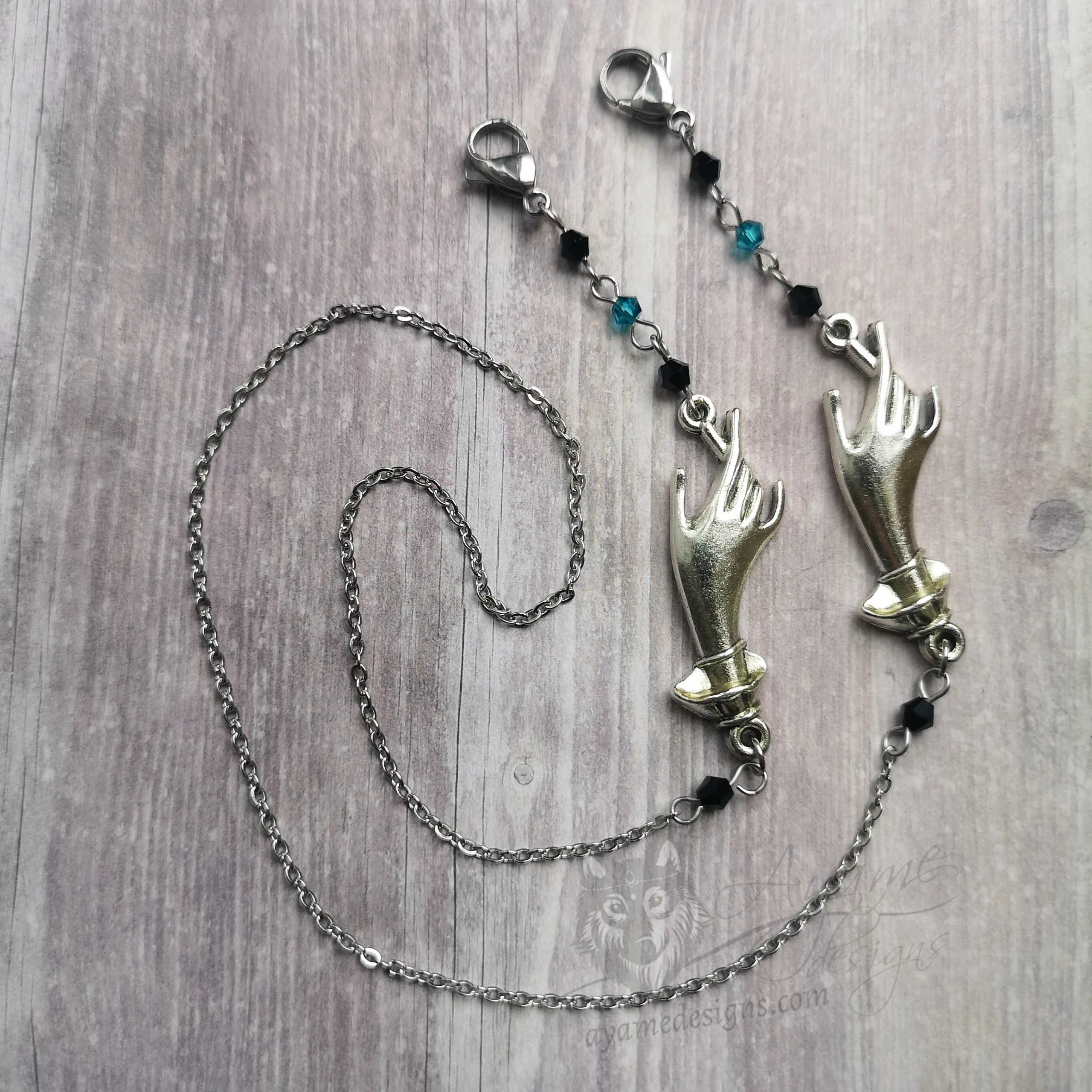 Handmade gothic mask chain with hand charms, teal and black Austrian crystal beads and stainless steel chain