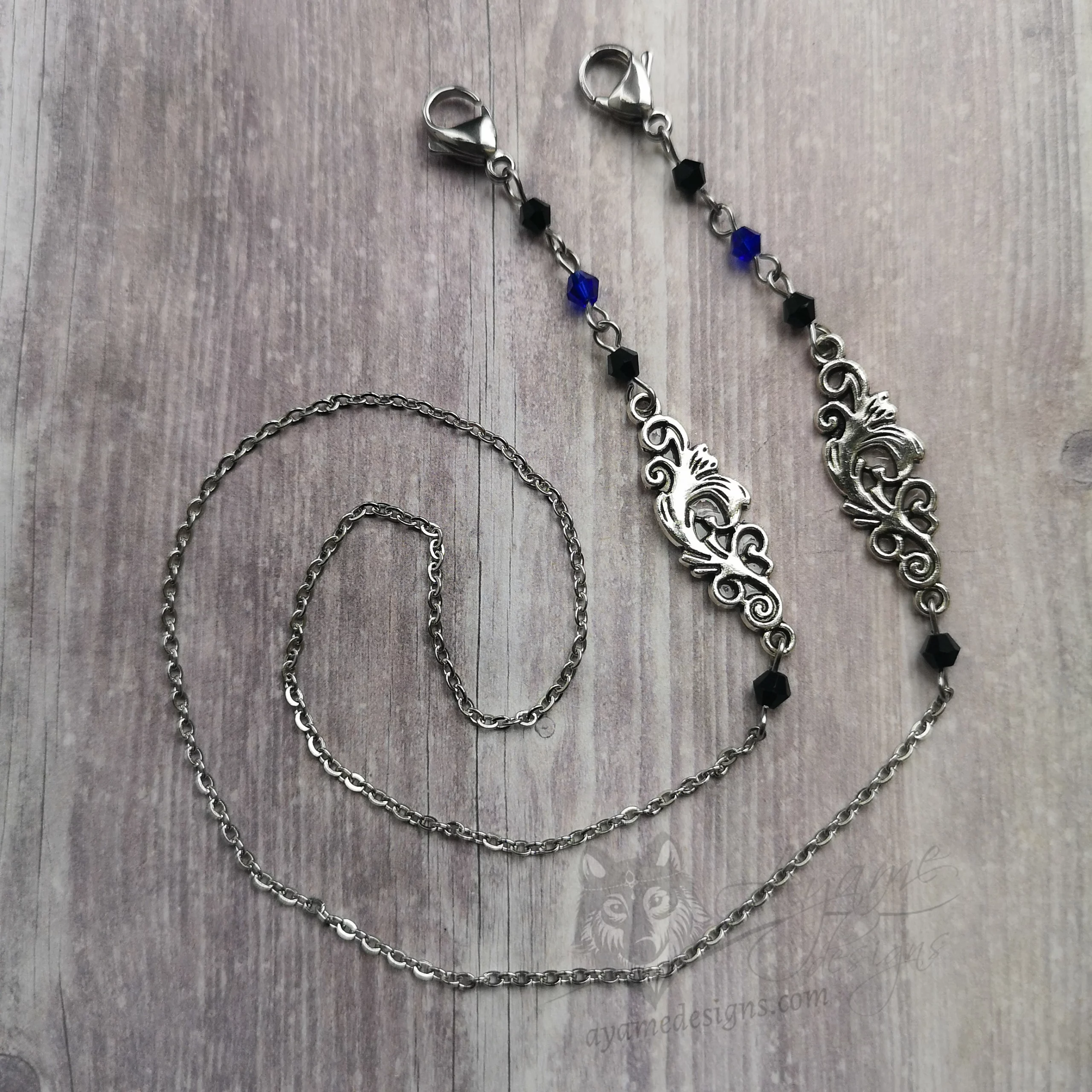 Handmade gothic mask chain with filigree charms, blue and black Austrian crystal beads and stainless steel chain