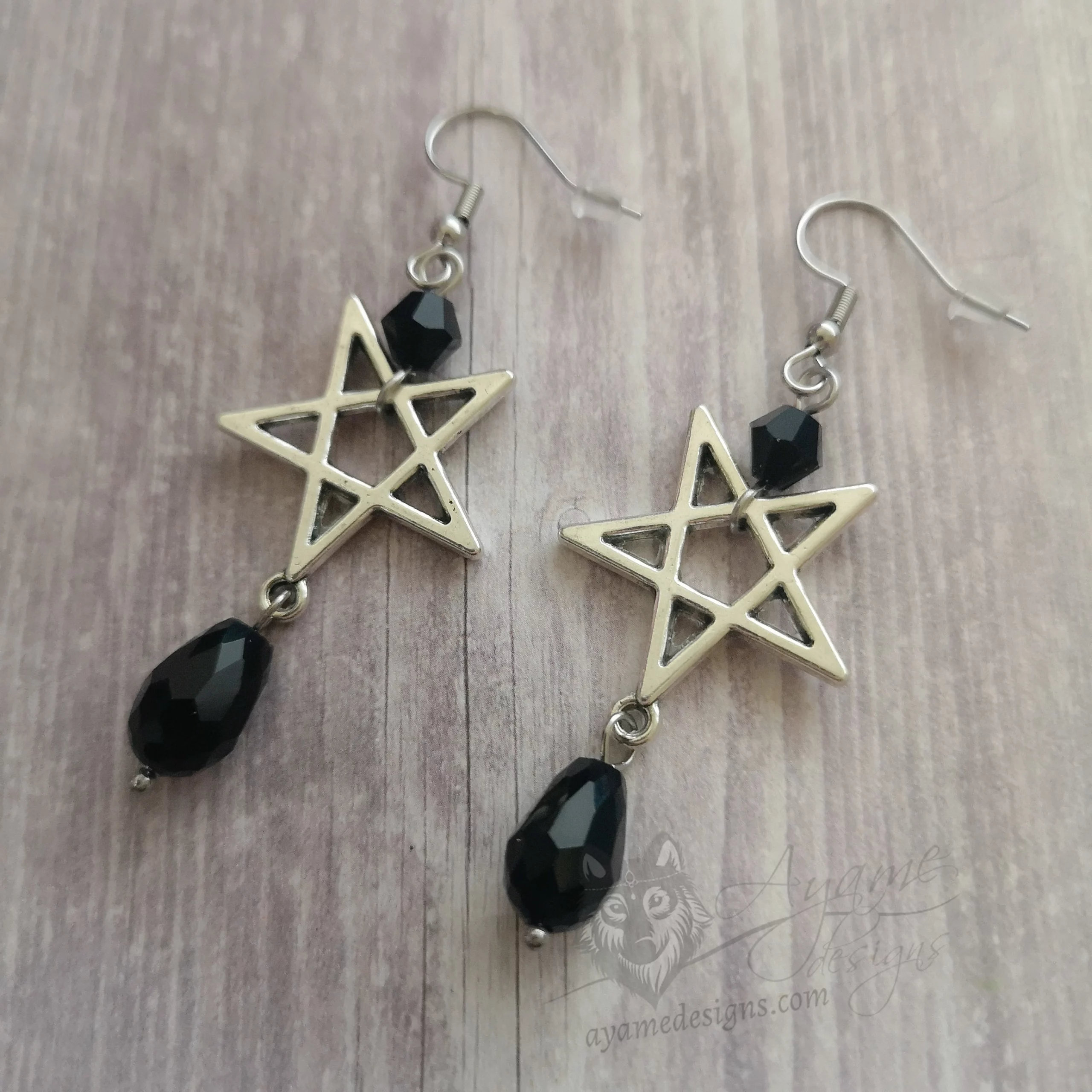 Handmade pentagram earrings with black Austrian crystal beads and stainless steel earring hooks