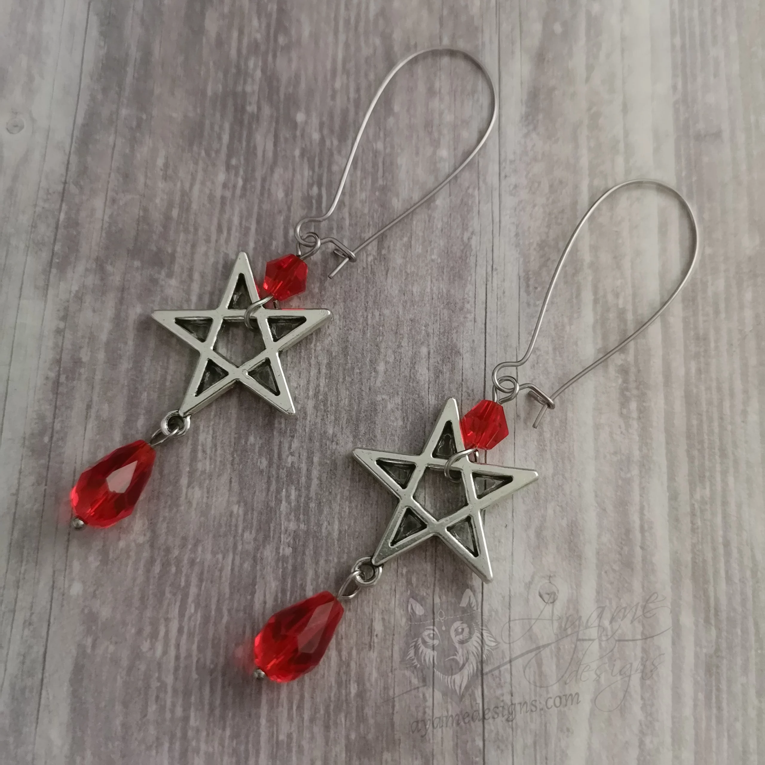 Handmade pentagram earrings with red Austrian crystal beads and stainless steel large kidney earring hooks