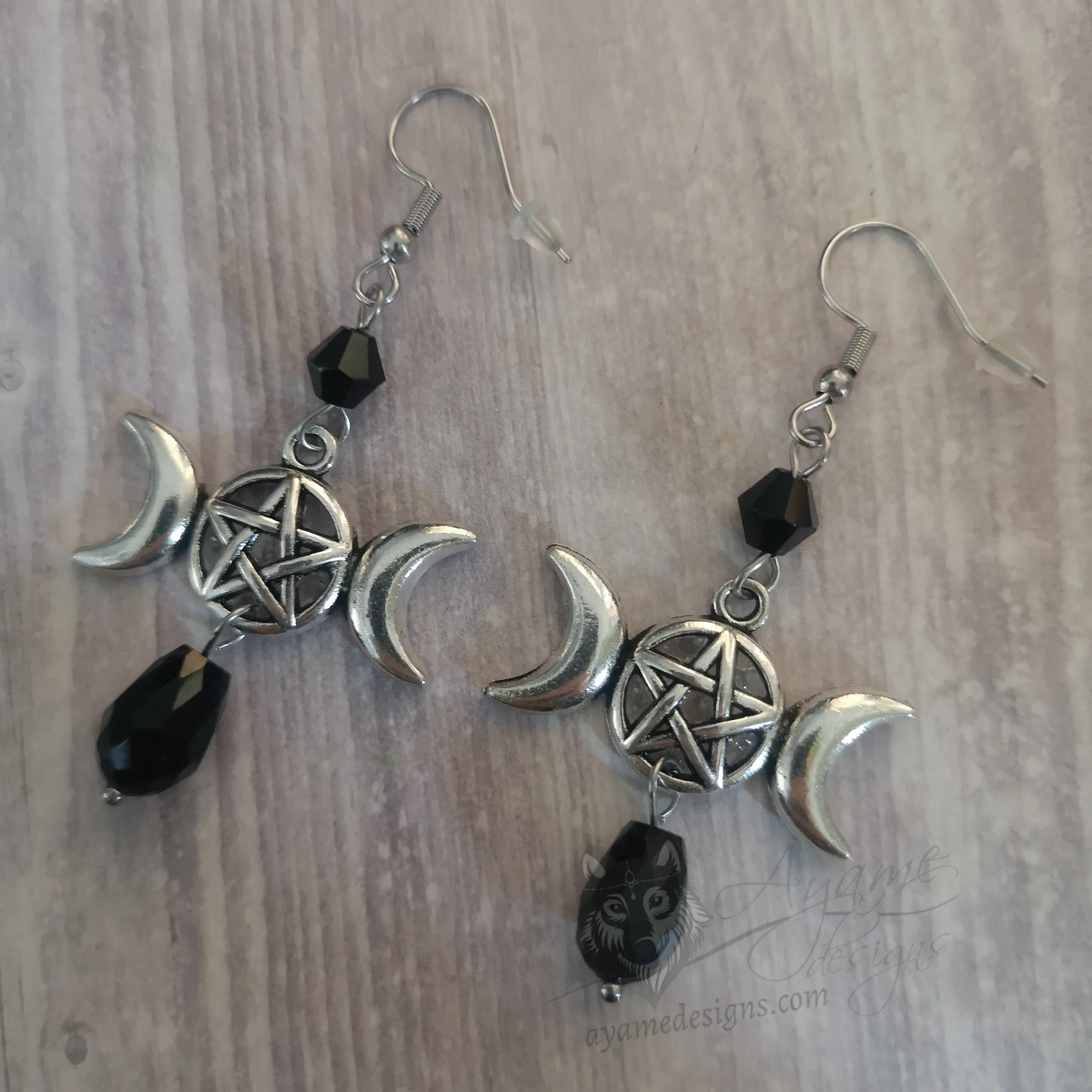 Handmade earrings with triple moon charms, black Austrian crystal beads and stainless steel earrings hooks