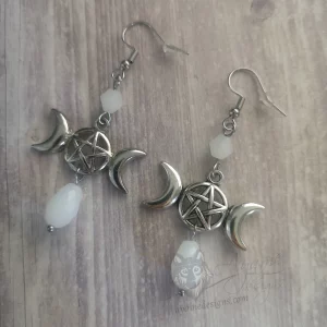 Handmade earrings with triple moon charms, white Austrian crystal beads and stainless steel earrings hooks