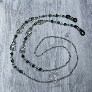 Handmade gothic glasses chain with bat charms, green and teal Austrian crystal beads and stainless steel chain