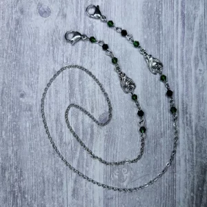 Handmade gothic mask chain with bat charms, green and black Austrian crystal beads and stainless steel chain