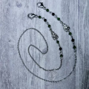 Handmade gothic mask chain with bat charms, green and black Austrian crystal beads and stainless steel chain