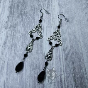 Handmade gothic bat earrings with filigrees and black Austrian crystal beads on stainless steel earring hooks