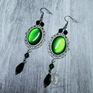 Handmade gothic earrings with green resin cabochons in filigree frames with Austrian crystal beads and stainless steel earring hooks