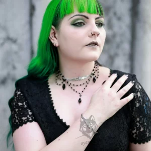 Gothic model wearing a bat jewellery set made with Austrian crystal beads