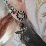 Handmade dangly stainless steel tunnels for stretched ears with bat charms and black Austrian crystal beads