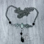 Handmade fantasy head chain with a filigree bat, black Austrian crystal beads and stainless steel chain