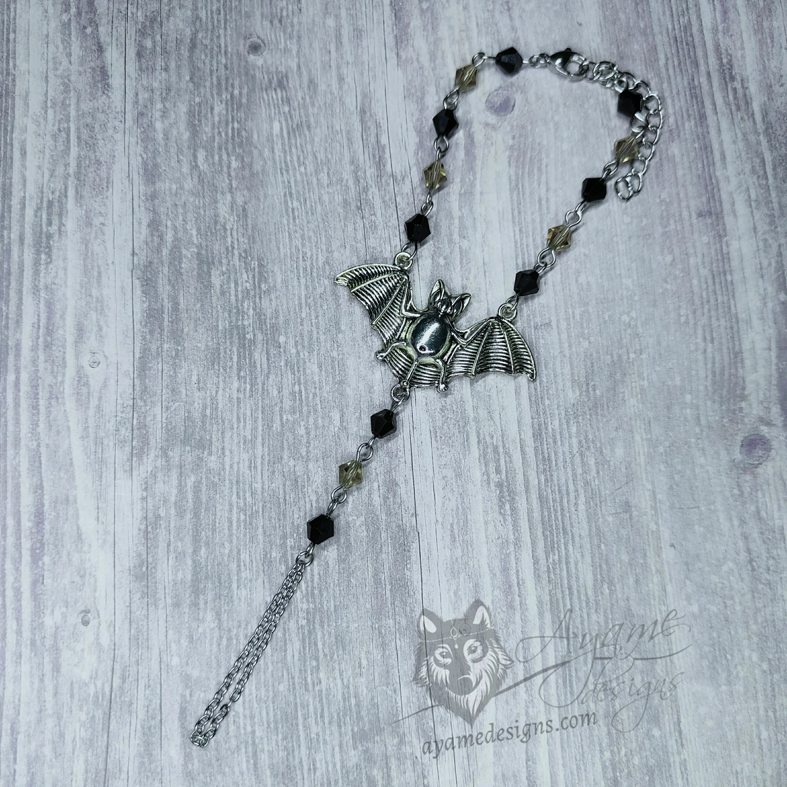 Handmade gothic bat hand bracelet with black and grey Austrian crystal beads
