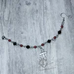 Handmade nose to ear chain with an ankh charm, black Austrian crystal beads and red glass pearl beads
