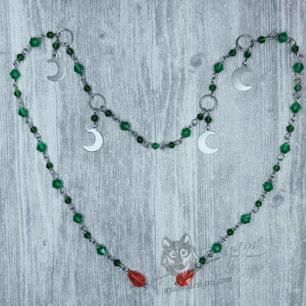 Handmade stainless steel fantasy face chain with green and red Austrian crystal beads and stainless steel moon charms