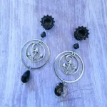 Handmade dangly stainless steel tunnels for stretched ears with mushroom charms and black Austrian crystal beads