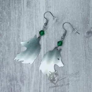 Handmade gothic earrings with laser cut stainless steel wolf pendants with teal Austrian crystal beads, on stainless steel earring hooks