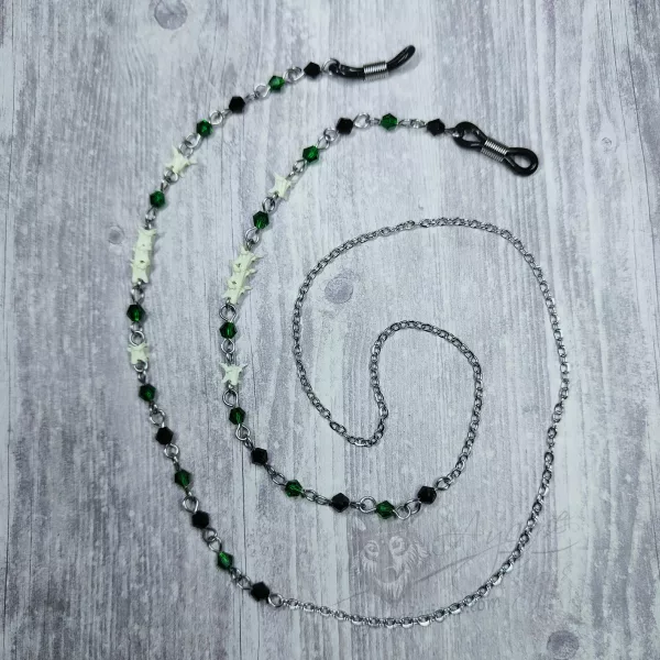 Handmade gothic glasses chain with tiny snake vertebrae, green and black Austrian crystal beads and stainless steel chain