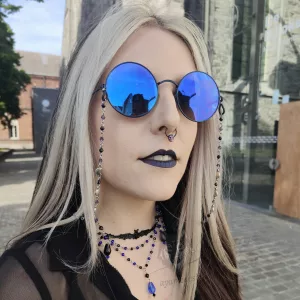 Handmade gothic glasses chain with crescent moon charms, purple and black Austrian crystal beads and stainless steel chain
