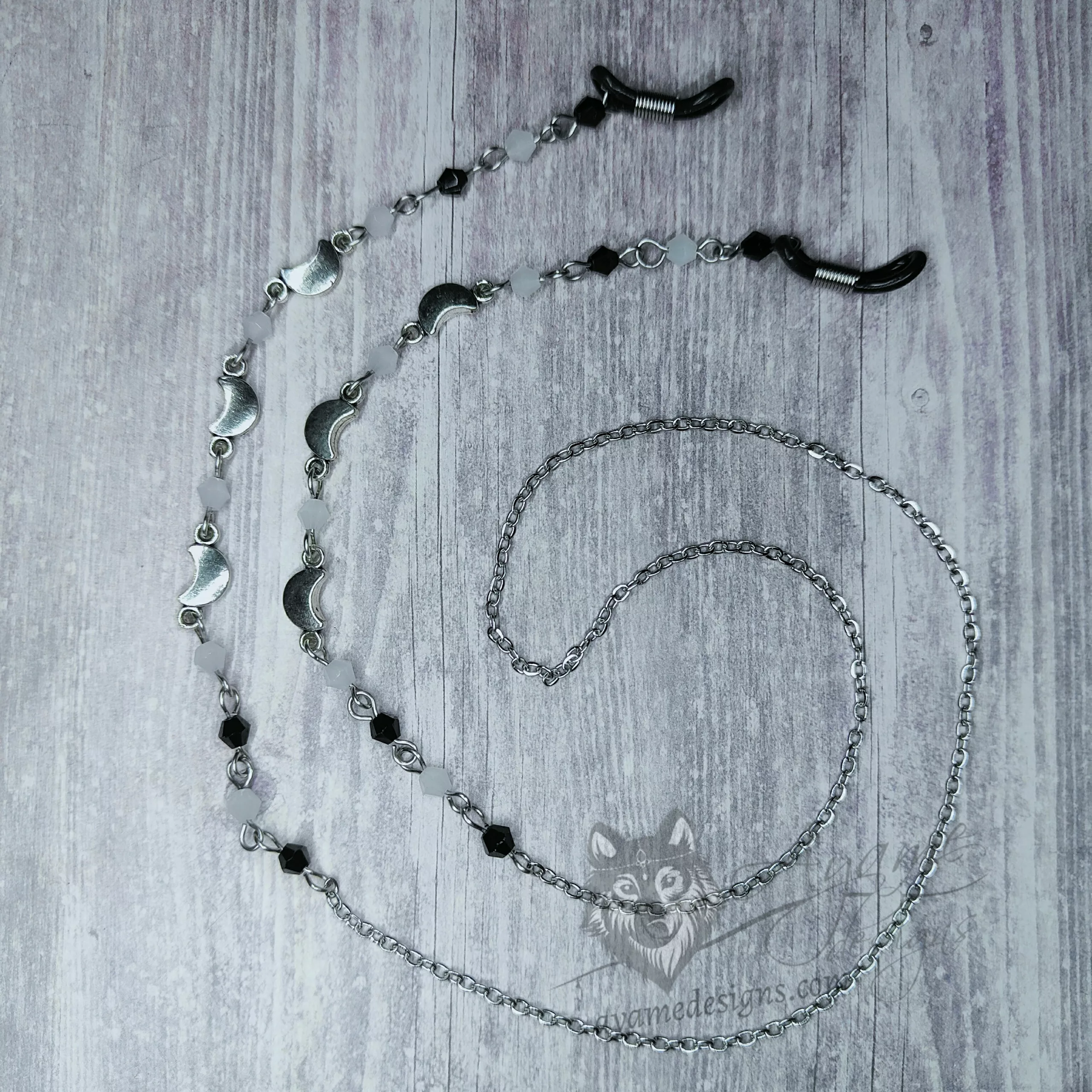 Handmade gothic glasses chain with crescent moon charms, white and black Austrian crystal beads and stainless steel chain