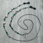 Handmade gothic glasses chain with crescent moon charms, teal green and white Austrian crystal beads and stainless steel chain
