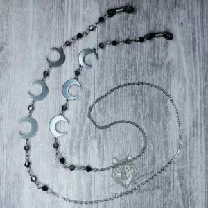 A handmade glasses chain made with laser cut stainless steel crescent moon pendants (three on each side), Austrian crystal beads and stainless steel chain