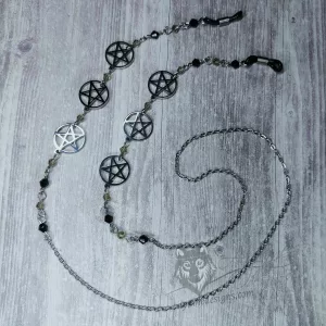 A handmade glasses chain made with laser cut stainless steel pentacle pendants (three on each side), Austrian crystal beads and stainless steel chain