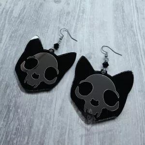 Handmade gothic earrings with laser cut mirror and resin cat skull pendants and black Austrian crystal beads on stainless steel earring hooks