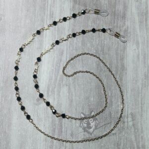 Handmade gothic glasses chain with tiny snake vertebrae, black Austrian crystal beads and gold tone stainless steel chain